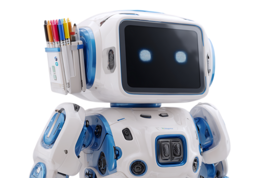 Friendly humanoid robot with a screen for a face holding pens and pencils in a holder isolated on transparent background - Powered by Adobe