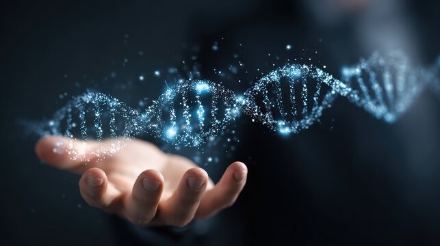 business, science, genetics and people concept - close up of businessman hand with dna molecule projection over dark background, no logos, no brands - Powered by Adobe