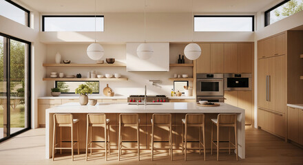 Modern kitchen interior showcasing a large island, light wood cabinetry, and ample natural light streaming through large windows, representing minimalist design and upscale living