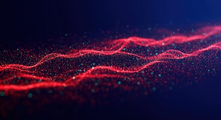 Abstract digital landscape with dynamic red and blue particle waves on a dark background representing data flow and futuristic technology concepts