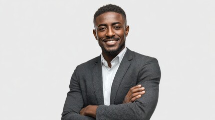 Portrait of african young businessman with arms crossed, smiling on white background