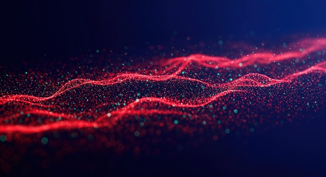 Abstract digital landscape with dynamic red and blue particle waves on a dark background representing data flow and futuristic technology concepts