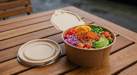 Fresh and vibrant poke bowl with salmon, avocado, and vegetables in eco-friendly container on wooden outdoor table, showcasing healthy and sustainable dining options