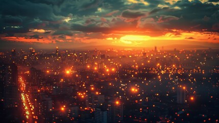 Fototapeta premium Cityscape panorama at sunset. Lights gleam beneath a hazy, orange sky dotted with dark clouds