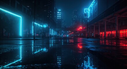 Obraz premium Urban street scene at night with vibrant neon lights reflecting on wet pavement in a futuristic cityscape with skyscrapers and a moody atmosphere