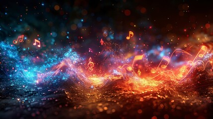 Ethereal waves of blue/orange energy carry music notes over a dark background with bokeh