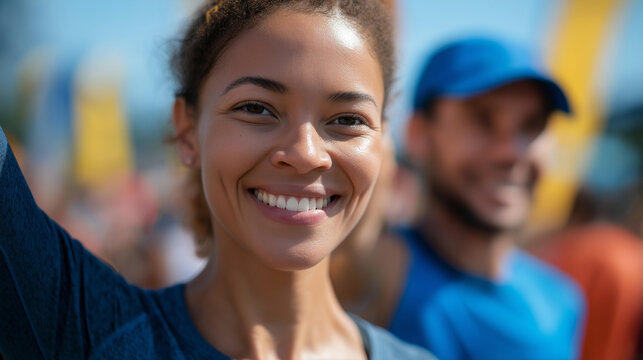 Diverse Runners Celebrating Community at a Vibrant Race Event