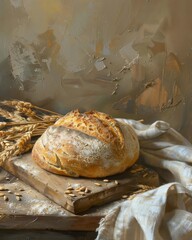 A loaf of bread sits on a wooden cutting board with a pile of wheat next to it
