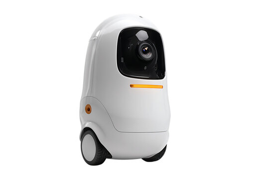 Modern white personal assistant robot with camera and wheels isolated on transparent background