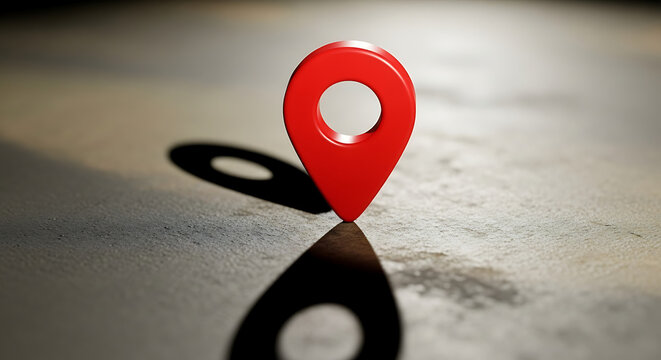 A close up of a red location pin with a shadow on a textured surface showing the specific location