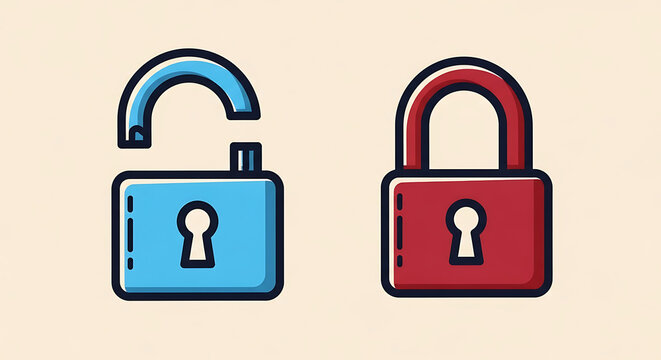 Illustration of a blue unlocked padlock and a red locked padlock on a light beige background color