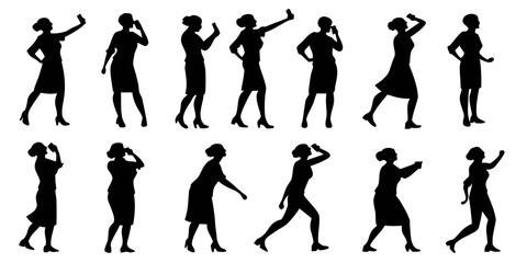 Collection of businesswoman silhouettes engaged in various activities with smartphones isolated on white background