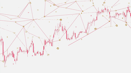 finance Abstract white background uptrend arrow with candlesticks and bar chart show innovation of economy business statistics with Earth network with glowing nodes and triangle polygon linesIt