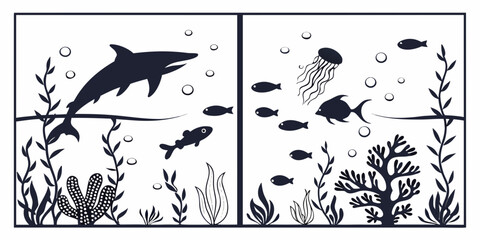 Naklejka premium Stylized silhouette of marine life with coral and seaweed isolated on white background