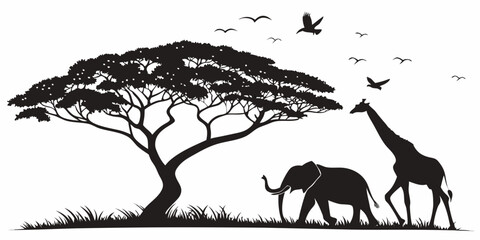 Silhouette of an african savanna landscape with acacia tree elephant giraffe and birds isolated on white background