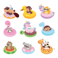 Animal on swimming rings. Funny animals swim on rubber ring, seasonal beach rest characters. Cartoon hedgehog raccoon panda, nowaday vector set