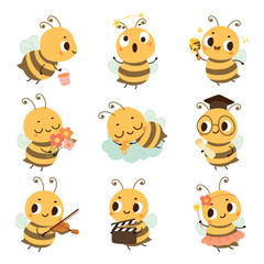 Cute cartoon bee. Funny bees in different poses, emotional insects. Cute flying insect with bucket, flowers, play music and sleep on cloud, nowaday vector set