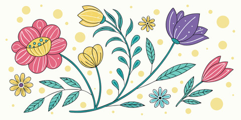 Whimsical hand drawn floral arrangement with pink yellow and purple flowers isolated on white background