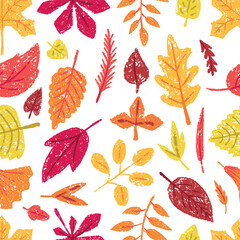 Autumn leaves seamless pattern. Bright foliage, nature fall season leaf. Forest vibrant time, decorative print for fabric wallpaper wrapping, neoteric vector backdrop