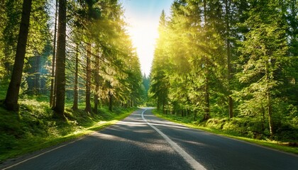 Obraz premium a road through green forest on a sunny day