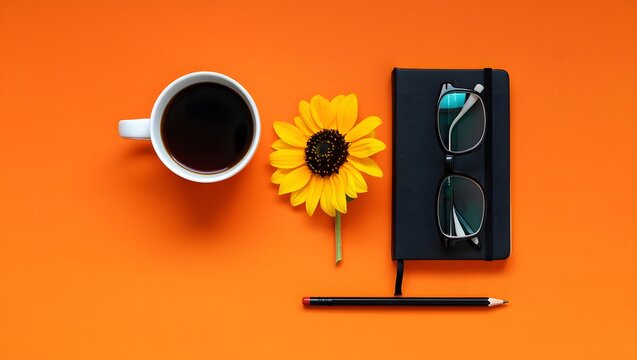 Flat lay of coffee cup, sunflower, notebook, glasses and pencil on orange background