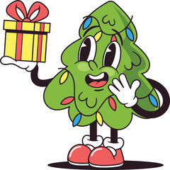 Christmas tree character with gift