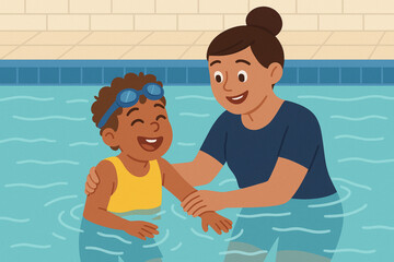 Smiling Child with Cerebral Palsy Swimming with Instructor Assistance Vector
