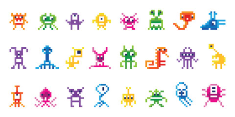 Pixel monsters. Arcade play characters, isolated neon colors space invaders. Vintage 8bit aliens, galaxy invader or virus, neoteric video game vector set
