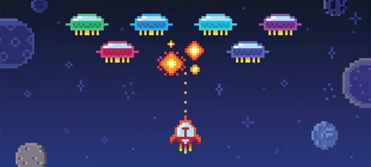Pixel space arcade game. Spaceship shoots at colorful aliens, 8 bit style monsters, planets, fiery explosions. Retro style ufo, battle neoteric vector scene