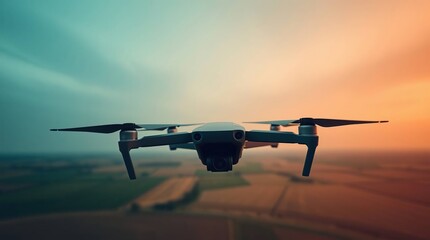 Naklejka premium Drone flies over blurred farmland view.