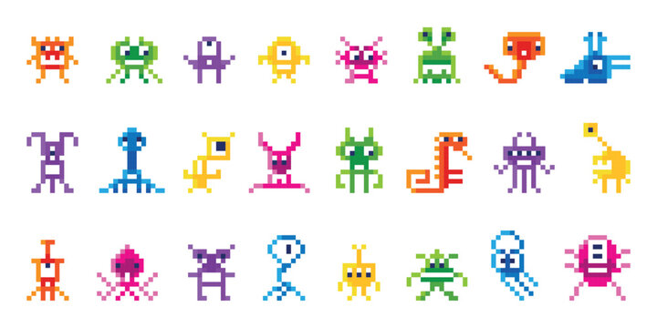 Pixel monsters. Arcade play characters, isolated neon colors space invaders. Vintage 8bit aliens, galaxy invader or virus, neoteric video game vector set
