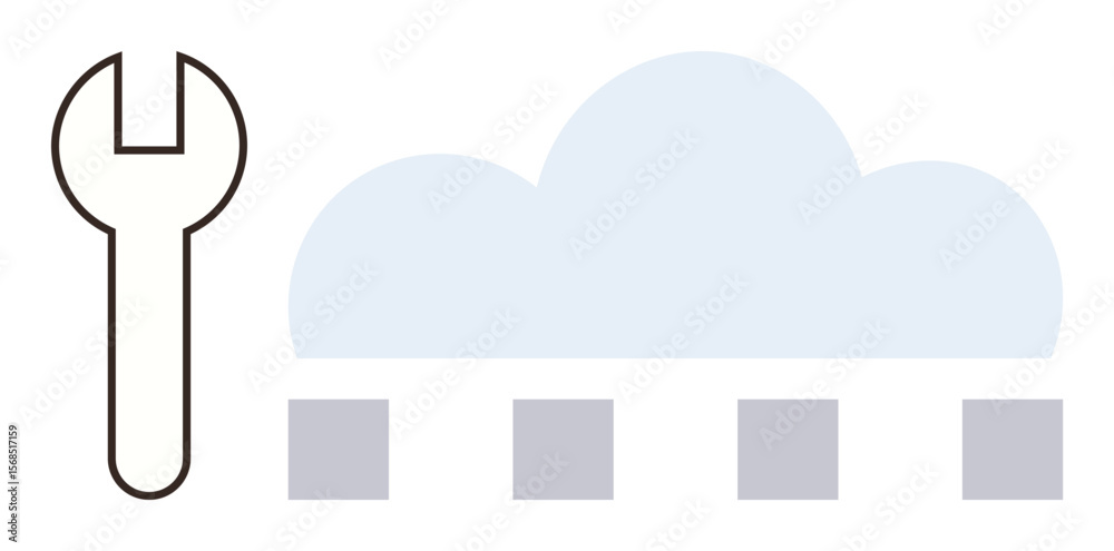 Poster wrench symbolizing tools next to a cloud with four connected nodes below. ideal for technology, clou