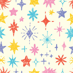 Pencil drawing stars pattern. Different crayon drawn star. Childish style print for fabric web site wrapping wallpaper. Space neoteric vector background