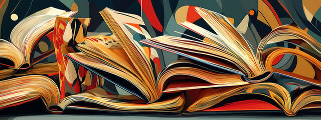 Open book on top of stack of old books with wide view, plenty of space for text