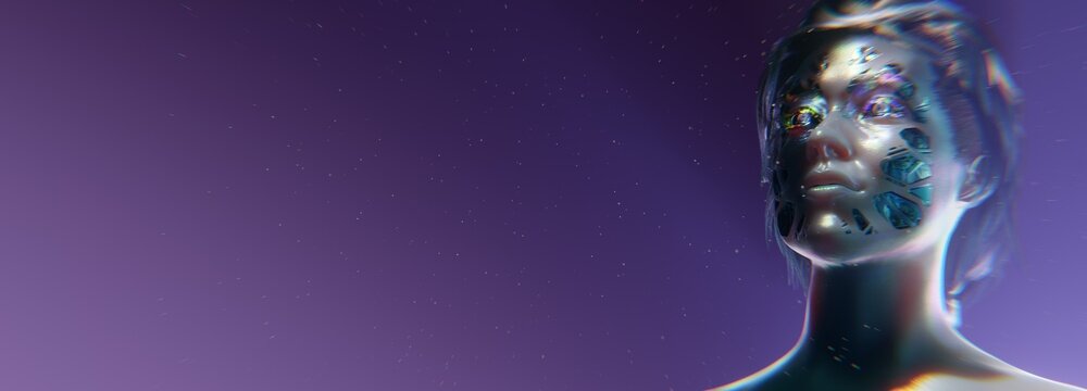 Futuristic cyberpunk portrait of a female gynoid android with metallic skin and embedded circuit elements on face. Shiny reflective surface, neon highlights, and a purple sci-fi background. 3d render - Powered by Adobe