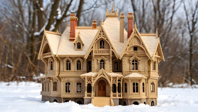 Beautiful victorian house model in winter snow landscape architecture design style