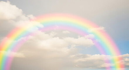 A vibrant rainbow arcs across a cloudy sky creating a picturesque and ethereal natural phenomenon view