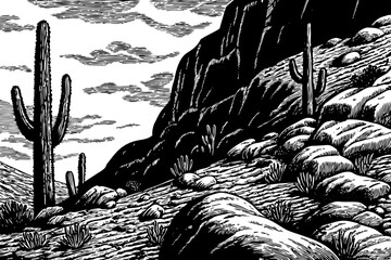 Fototapeta premium A rocky desert cliffside dotted with climbing cacti and mossy stones, ideal for rugged nature scenes vector a black and white line art illustration