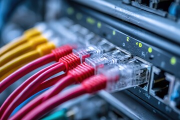 Close-Up of Fiber Cables Linked to Optical Ports in a Tech Hub, Enhancing Telecom Infrastructure and Network Traffic