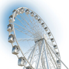 Majestic white Ferris wheel towering against a clear blue sky, captured from a low angle