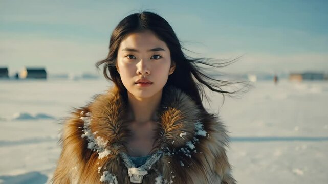 young Inuit woman 20s with long dark brunette hair wears a traditional fur parka and walking in snowy tundra at winter