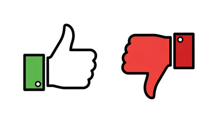 Obraz premium A cartoon illustration showing a green thumbs up and a red thumbs down on a white background plain view
