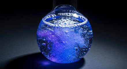 Close up of a round bottom flask filled with blue liquid and bubbles on a dark surface under lighting