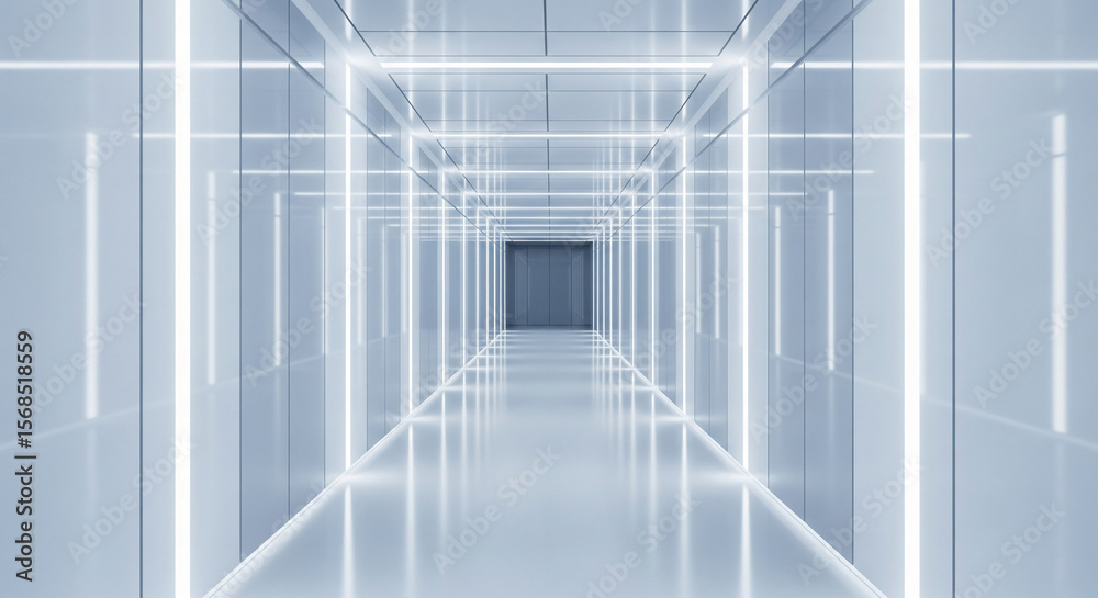 Aufkleber bright, minimalist hallway with reflective walls and floor, illuminated by linear lights, creating a