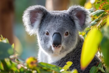 Obraz premium Adorable koala bear with fluffy ears peeking through vibrant green eucalyptus leaves in australia
