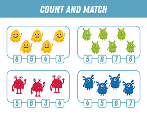 Education game for children count and match of cute cartoon monsters, printable worksheet. Funny monster. Vector illustration

