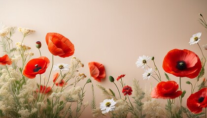 Naklejka premium vibrant red poppies with wildflowers on soft beige background