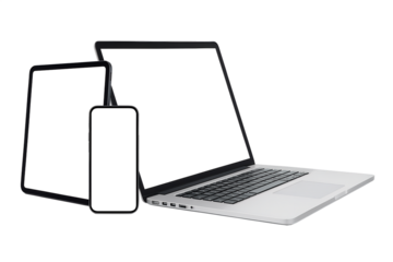 Digital Trio: A laptop, tablet, and smartphone stand side by side. Their screens, poised and empty, project limitless potential, ready to be filled with innovation and connection.