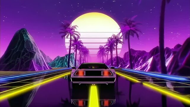 Retro 80s style car driving on neon road with palm trees and sunset
