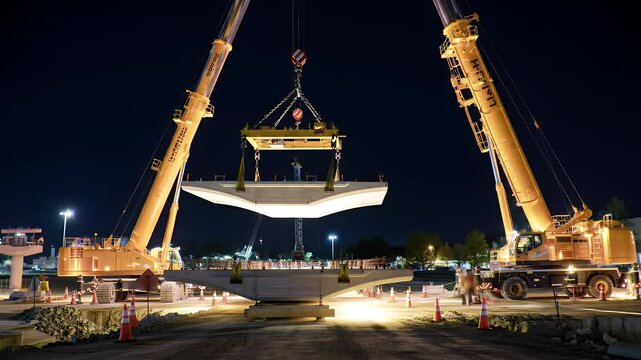 Nighttime Bridge Construction: Precision Lifting of a Precast Concrete Beam